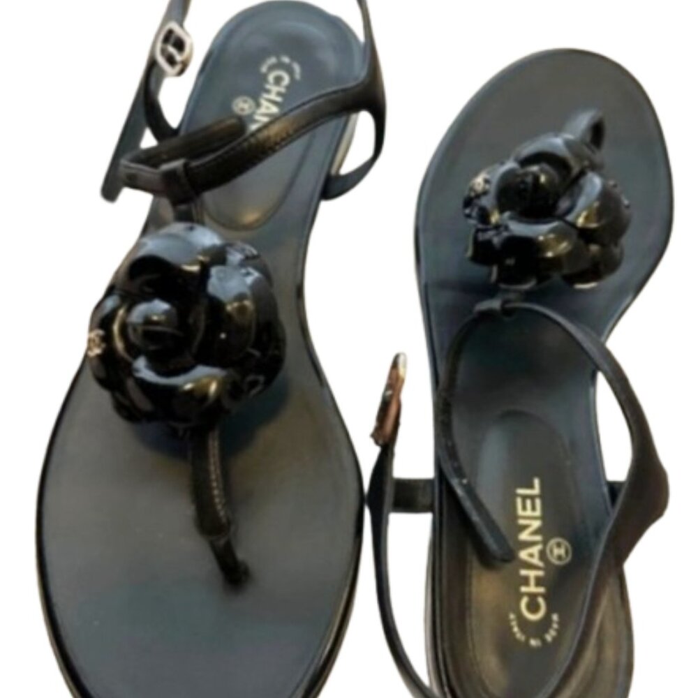 CHANEL Black Sandals with Floral Accent - Picture 2 of 4